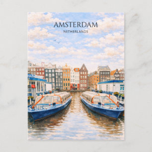 Amsterdam Kanalboote Aquarell Landschaft Feiertagspostkarte