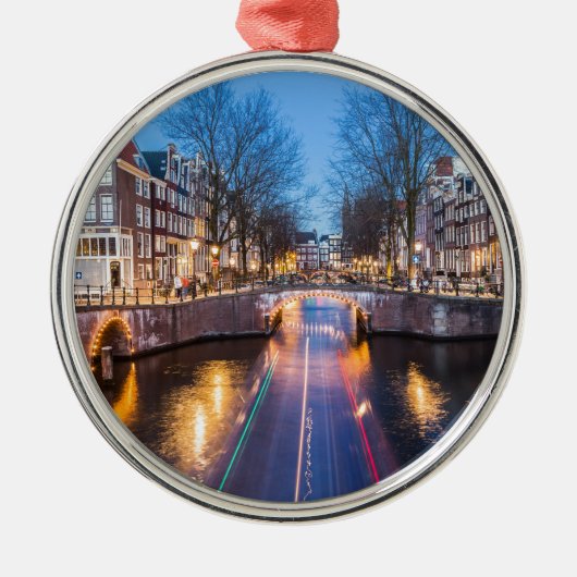 Amsterdam-Kanäle nachts Silbernes Ornament (Vorne)