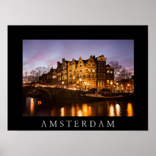 Amsterdam-Kanalhäuser in der Dämmerung schwarzes P Poster