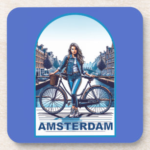 Amsterdam Mädchen mit Fahrrad auf Brücke Getränkeuntersetzer