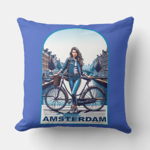 Amsterdam Mädchen mit Fahrrad auf Brücke Kissen