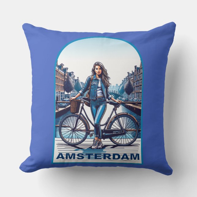 Amsterdam Mädchen mit Fahrrad auf Brücke Kissen (Vorderseite)