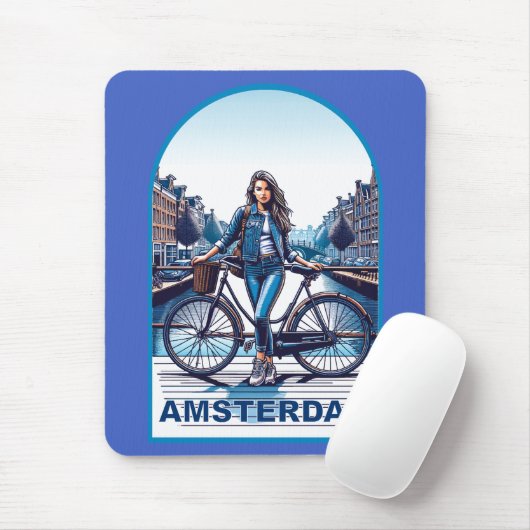 Amsterdam Mädchen mit Fahrrad auf Brücke Mousepad (Mit Mouse)