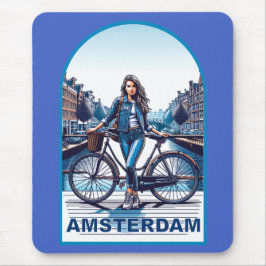 Amsterdam Mädchen mit Fahrrad auf Brücke Mousepad