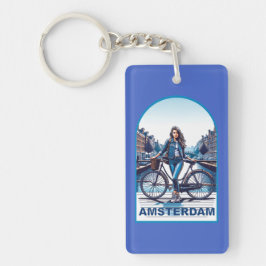 Amsterdam Mädchen mit Fahrrad auf Brücke Schlüsselanhänger