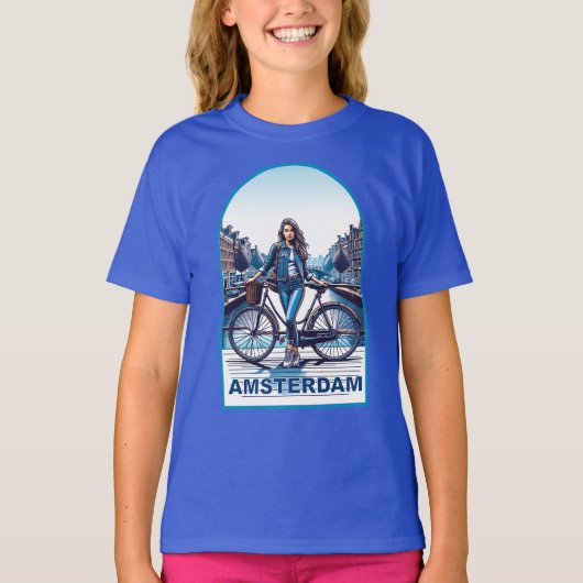 Amsterdam Mädchen mit Fahrrad auf Brücke T-Shirt (Vorderseite)