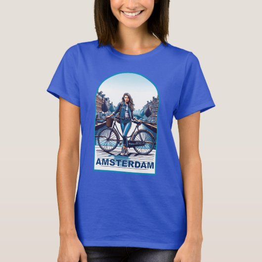 Amsterdam Mädchen mit Fahrrad auf Brücke T-Shirt (Vorderseite)