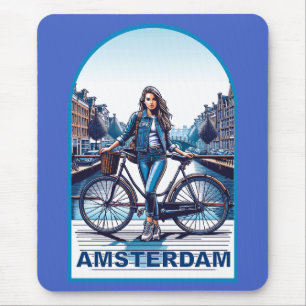 Amsterdam Mädchen mit Fahrrad auf der Brücke Mousepad