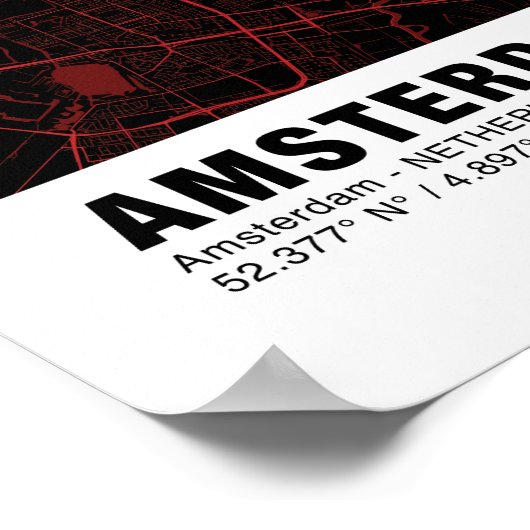 Amsterdam Map Poster - Amsterdam Black & Red Map (Ecke)
