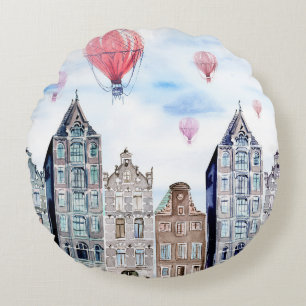 Amsterdam mit Heißluftballon Rundes Kissen