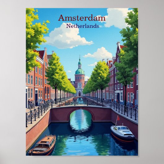 Amsterdam Netherlands Gouache Illustration Travel Poster (Vorne)