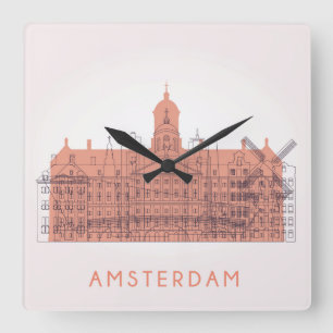 Amsterdam, Netherlands Skyline of Landmarks Quadratische Wanduhr