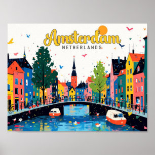 Amsterdam Netherlands Vintage Travel Illustration Poster