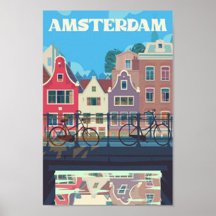 Amsterdam Netherlands Vintage Travel Illustration Poster