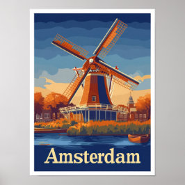 Amsterdam Netherlands Vintage Travel Illustration Poster