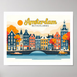 Amsterdam Netherlands Vintage Travel Illustration Poster