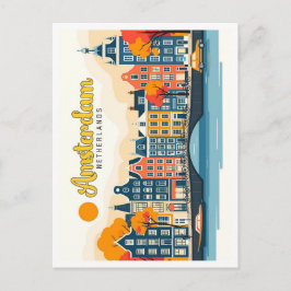 Amsterdam Netherlands Vintage Travel Illustration Postkarte