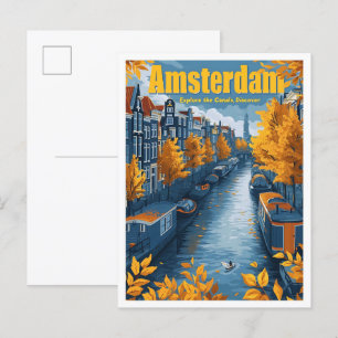 Amsterdam Netherlands Vintage Travel Illustration Postkarte