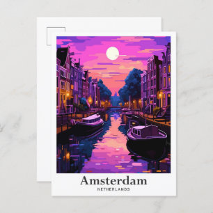 Amsterdam Netherlands Vintage Travel Illustration Postkarte