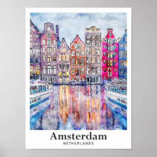 Amsterdam Niederlande Aquarell Sketch Hand Drawing Poster