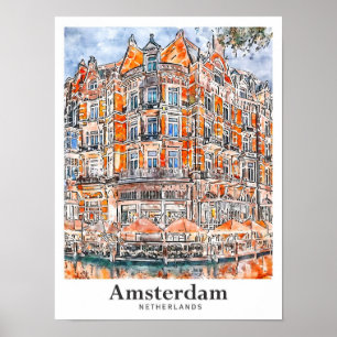 Amsterdam Niederlande Reise Wasserfarbe Handgezeic Poster