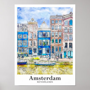 Amsterdam Niederlande Reise Wasserfarbe Handgezeic Poster