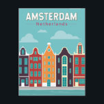 Amsterdam Niederlande Reisen Vintag Postkarte<br><div class="desc">Amsterdam Retro Vektor Reise Design in einem Emblem Stil. Es ist bekannt für sein künstlerisches Erbe,  das aufwändige Kanalsystem und die engen Häuser mit gegabelten Fassaden,  die Hinterlassenschaften des Goldenen Zeitalters aus dem 17. Jahrhundert.</div>