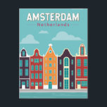 Amsterdam Niederlande Reisen Vintag Postkarte<br><div class="desc">Amsterdam Retro Vektor Reise Design in einem Emblem Stil. Es ist bekannt für sein künstlerisches Erbe,  das aufwändige Kanalsystem und die engen Häuser mit gegabelten Fassaden,  die Hinterlassenschaften des Goldenen Zeitalters aus dem 17. Jahrhundert.</div>