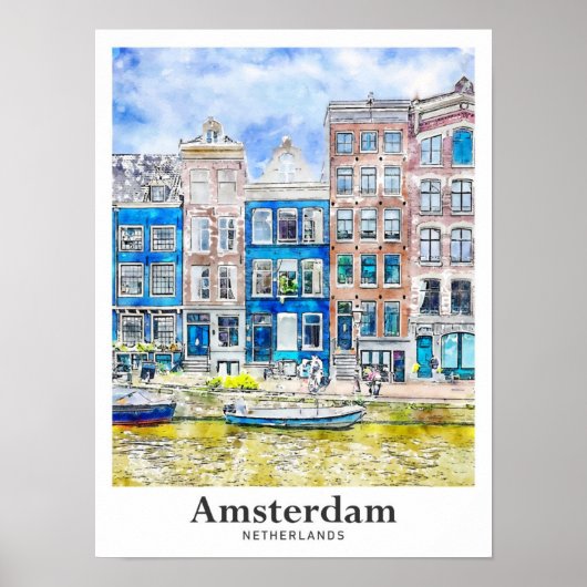 Amsterdam Niederlande Reisen Wasserfarbenhandzeich Poster (Vorne)