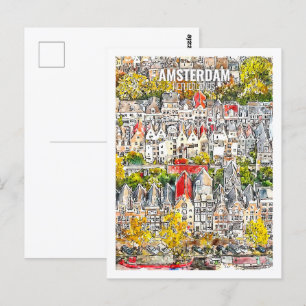 Amsterdam Niederlande Reisen Wasserfarbskizze Postkarte