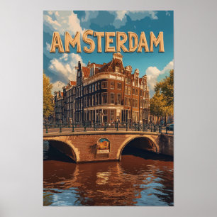 Amsterdam Niederlande Vintag Illustration Travel Poster