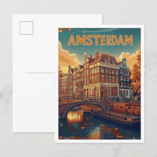 Amsterdam Niederlande Vintag Illustration Travel Postkarte