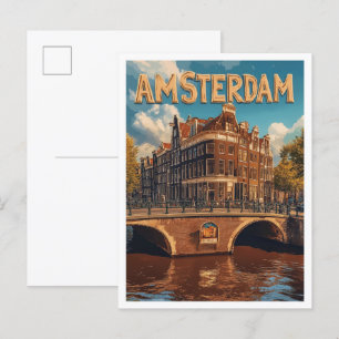 Amsterdam Niederlande Vintag Illustration Travel Postkarte