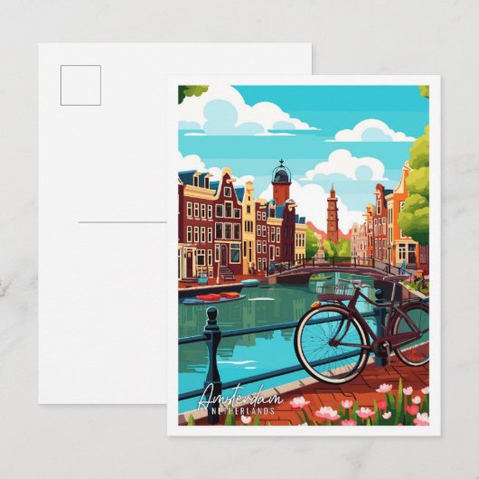 Amsterdam Niederlande Vintage Illustration Postkarte (Vorne/Hinten)
