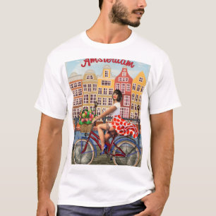 Amsterdam Plakat: Pin-Up-Girl beim Radfahren. T-Shirt