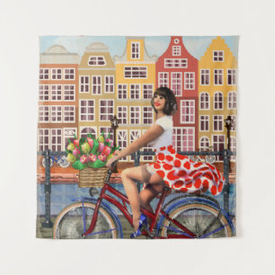Amsterdam Plakat: Pin-Up-Girl beim Radfahren. Wandteppich
