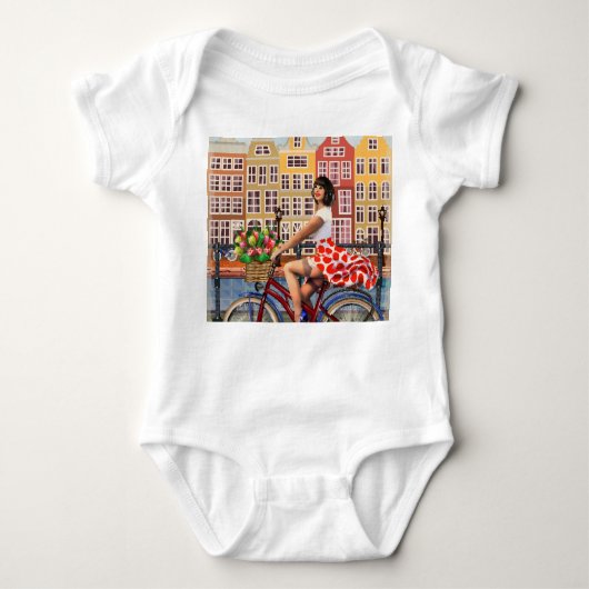 Amsterdam Poster: Button-Up Girl Cycling. Baby Strampler (Vorderseite)