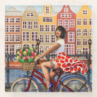 Amsterdam Poster: Button-Up Girl Cycling. Glasuntersetzer
