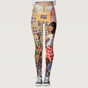 Amsterdam Poster: Button-Up Girl Cycling. Leggings