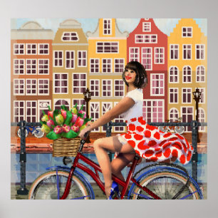 Amsterdam Poster: Button-Up Girl Cycling. Poster