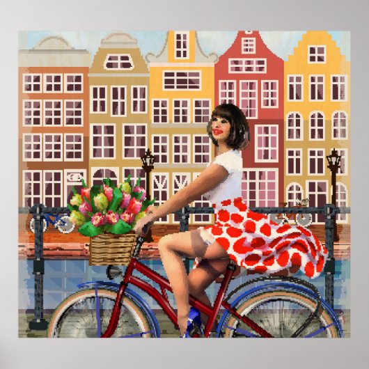 Amsterdam Poster: Button-Up Girl Cycling. Poster (Vorne)