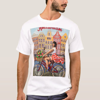 Amsterdam Poster: Button-Up Girl Cycling. T-Shirt