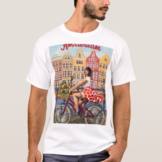 Amsterdam Poster: Button-Up Girl Cycling. T-Shirt (Vorderseite)