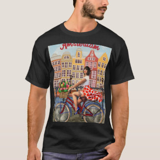 Amsterdam Poster: Button-Up Girl Cycling. T-Shirt