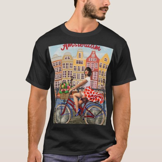 Amsterdam Poster: Button-Up Girl Cycling. T-Shirt (Vorderseite)