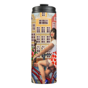Amsterdam Poster: Button-Up Girl Cycling. Thermosbecher