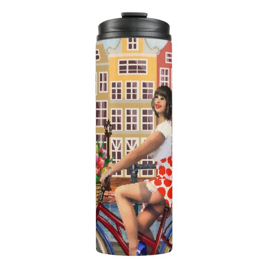 Amsterdam Poster: Button-Up Girl Cycling. Thermosbecher (Vorderseite)