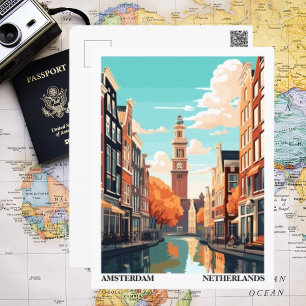 Amsterdam Retro-Illustration Reise Postkarte