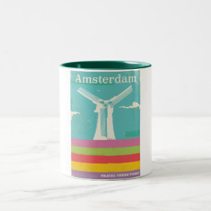 Amsterdam Retro-Reiseplakat im Vintage-Stil Zweifarbige Tasse