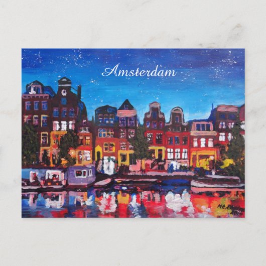 Amsterdam Skyline mit Kanal bei Nacht Postkarte (Vorderseite)